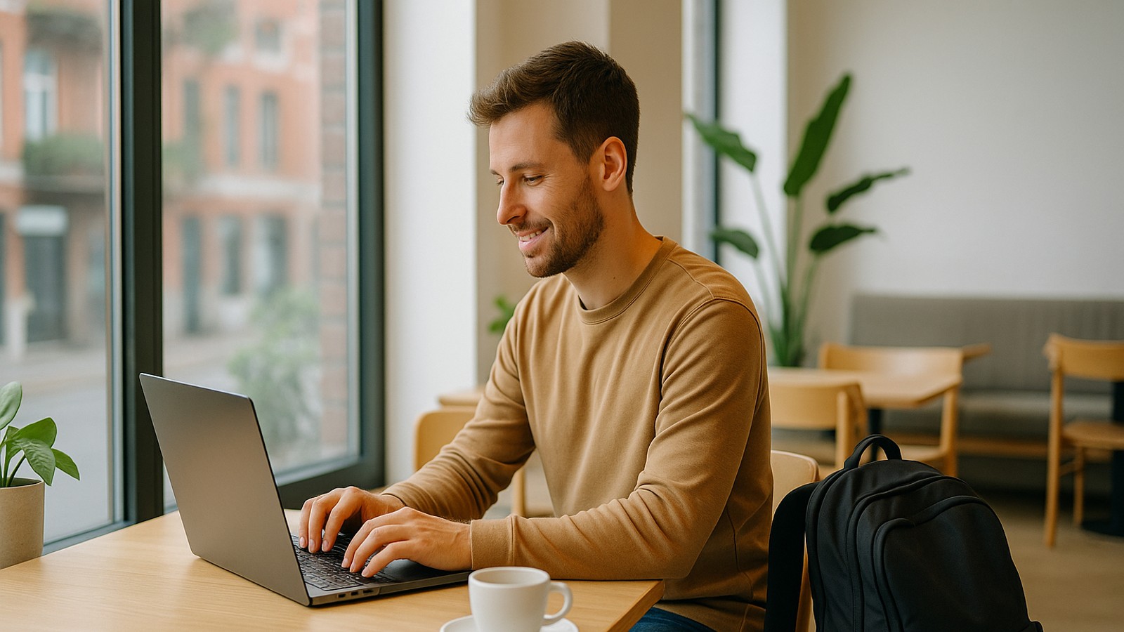 Digital nomad working in a cafe